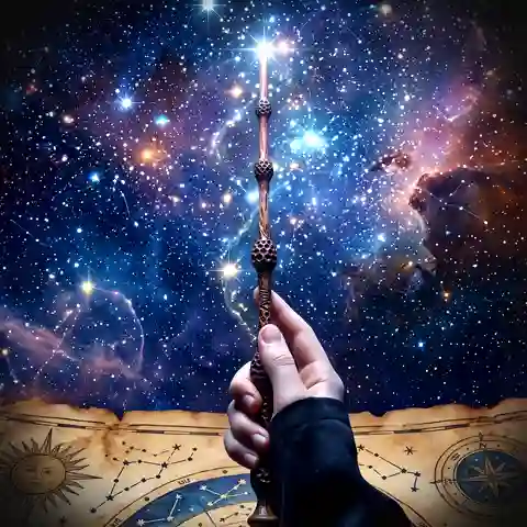 A wizard with a magic wand performing a spell to the sky.